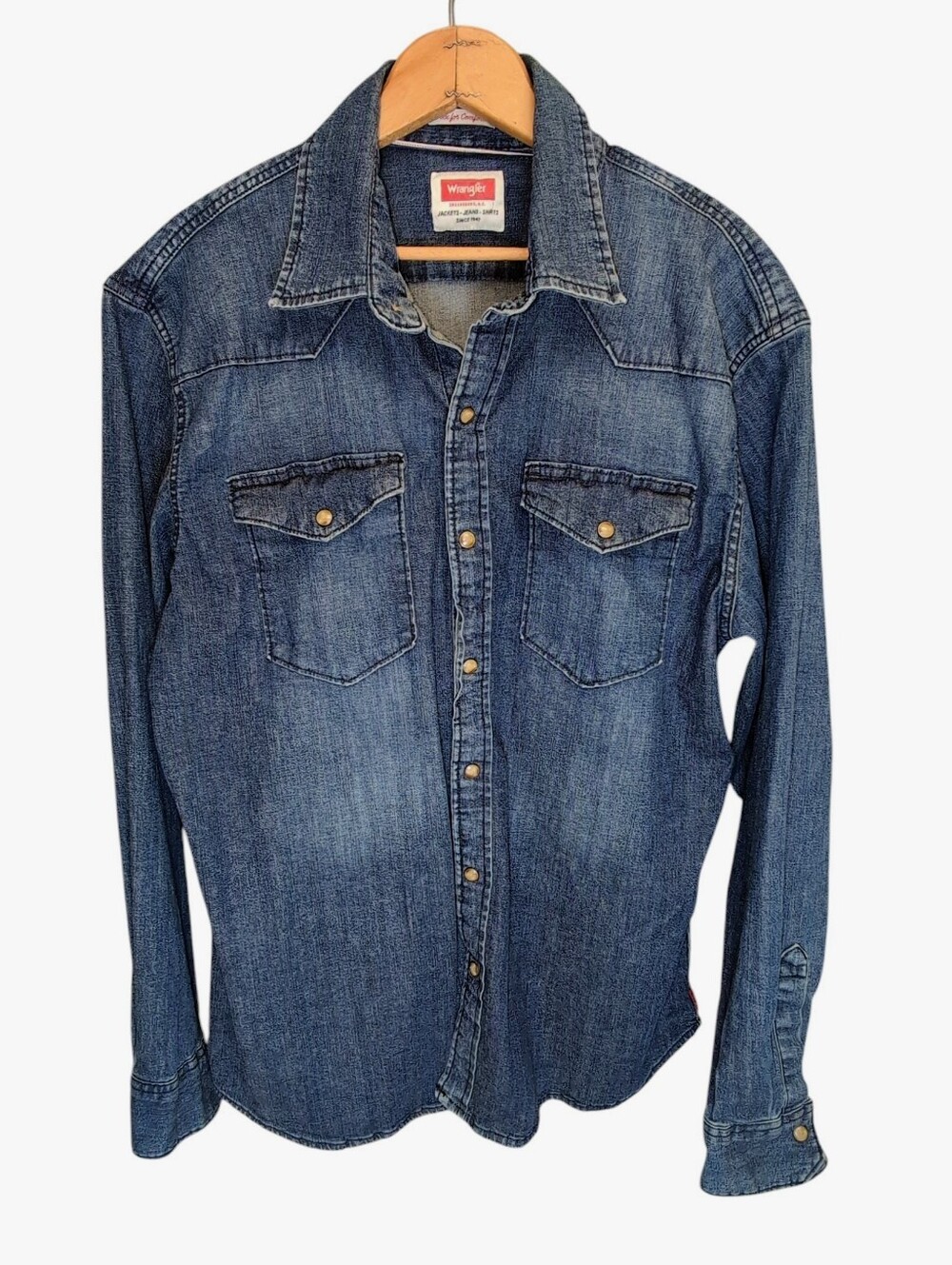 Wrangler Comfort Flex Dark Wash Denim Button Up Long Sleeve Shirt Men's LARGE